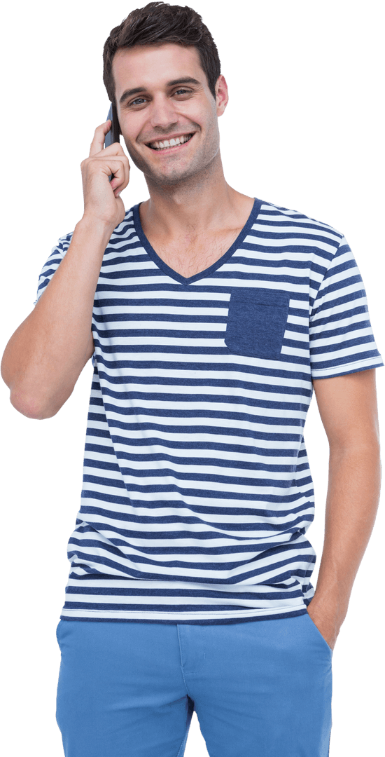 Smiling Man in Striped Shirt on Phone Transparent Background