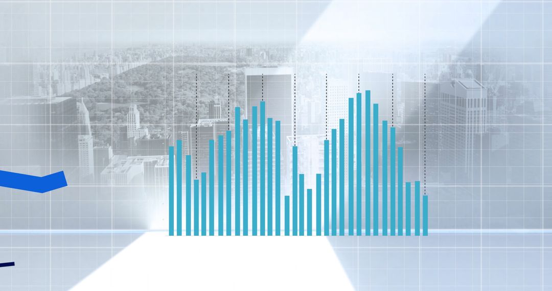 Digital Interface with Blue Bar Graphs Over Cityscape