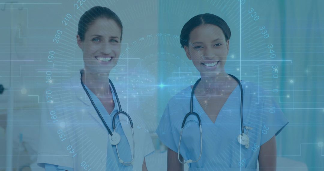 Smiling Medical Professionals with Digital Technology Interface