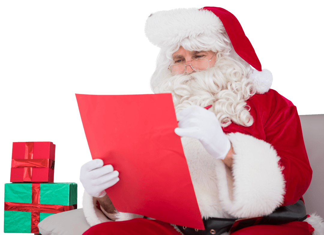 Transparent Santa Claus Checking List with Gift Boxes Nearby