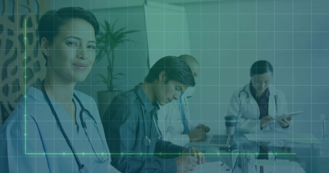 Medical Team Collaborating in Conference Room with Graph Overlay