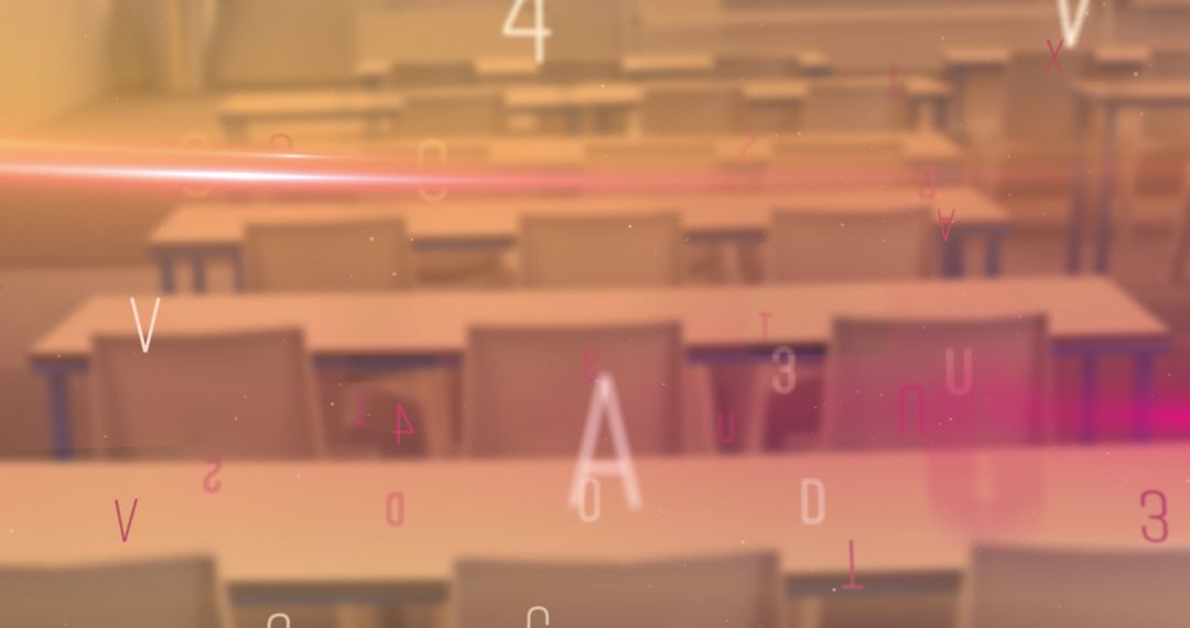 empty classroom with floating numbers and letters overlay - Free Images, Stock Photos and Pictures on Pikwizard.com