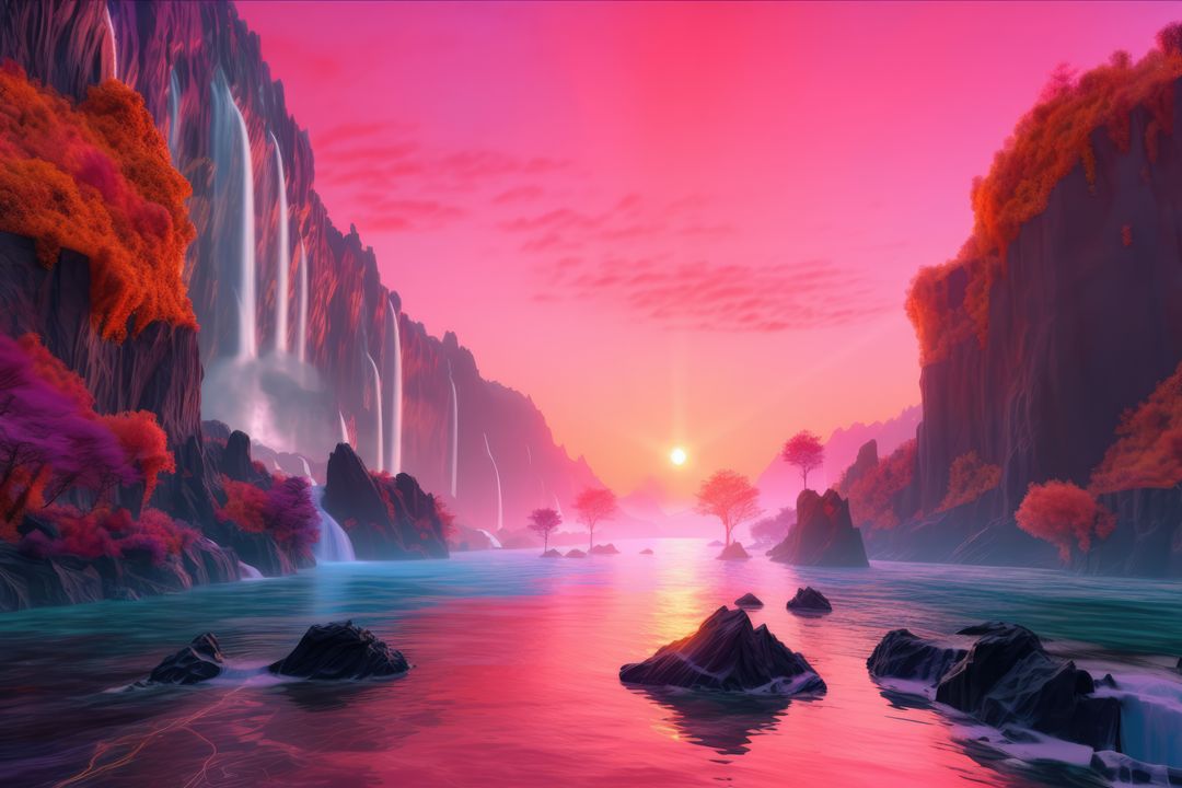 Fantasy landscape with waterfalls, river, sun and mountains created using generative ai technology - Free Images, Stock Photos and Pictures on Pikwizard.com
