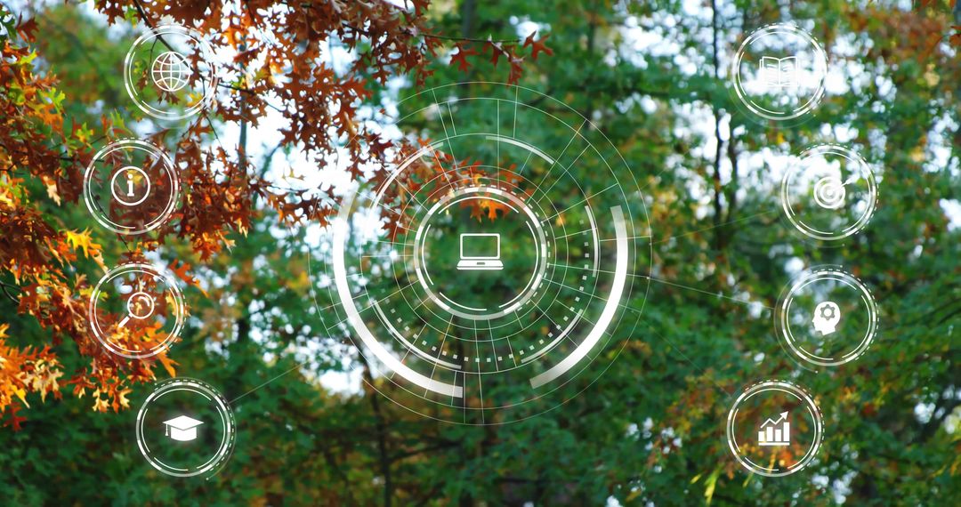 Futuristic HUD Overlaying Autumn Forest Canopy with Laptop Icon, Digital Interface Concept