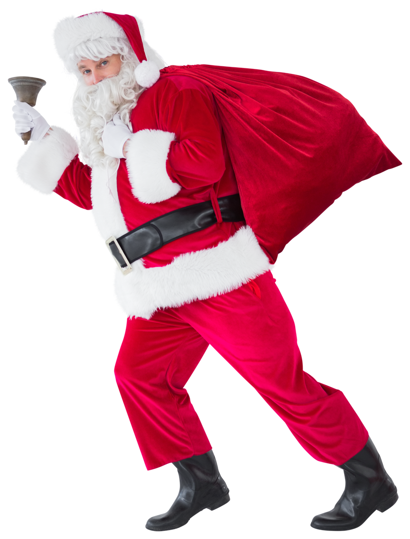 Transparent Image of Santa Claus Running with Gift Sack and Bell - Download Free Stock Images Pikwizard.com