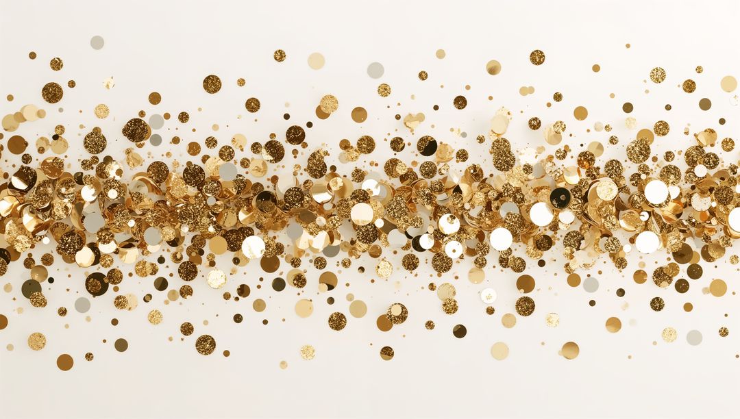 Gold confetti ribbon across ivory background with sparkling sequins and glitter burst