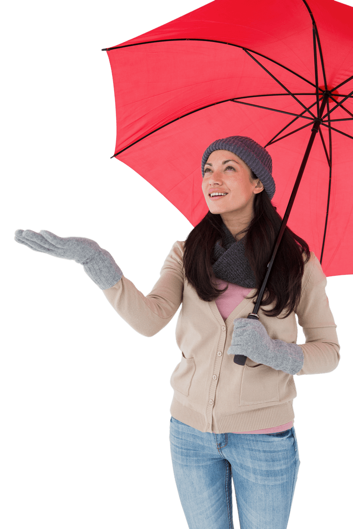 Smiling Woman Under Transparent Red Umbrella Enjoying Rain