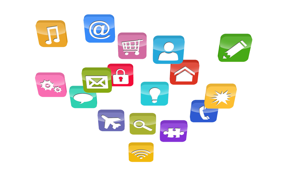 Colorful Digital Icons Cluster on Transparent Background