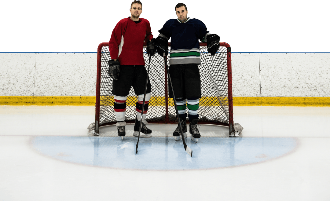 Confident Hockey Players Standing by Goal on Transparent Ice Rink