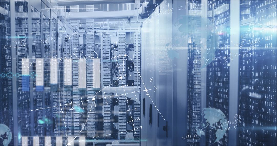 Futuristic Data Center with Digital Equations Overlay