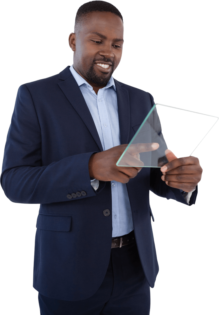 Businessman Interacting with Futuristic Transparent Glass Screen