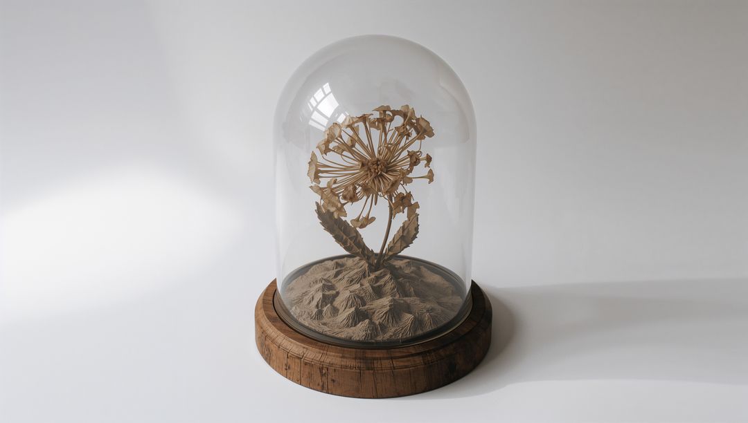 Botanical Display of Dried Flower Under Glass Dome and Wooden Base