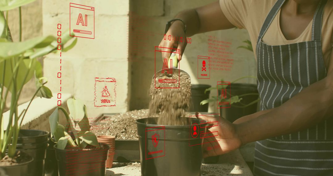 Urban gardener scooping potting soil into planter with red AI analysis overlays