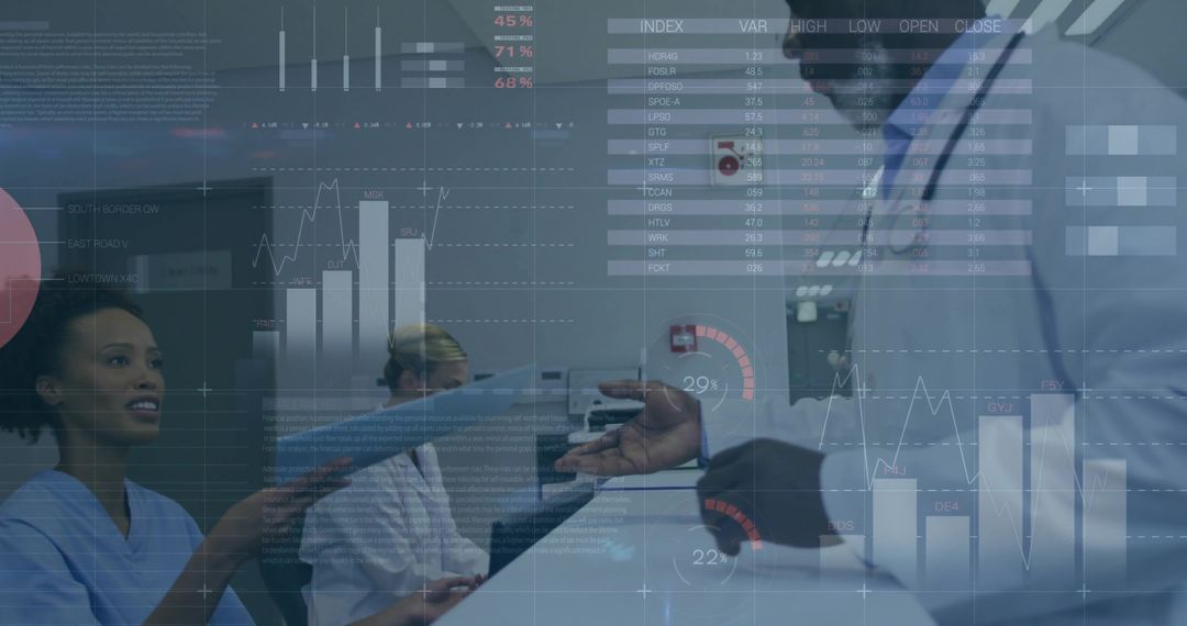 Medical Professionals Discussing with Digital Technology Overlay