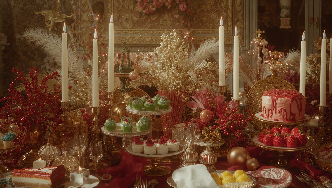 Luxurious Dessert Table with Elegant Cakes and Opulent Decor