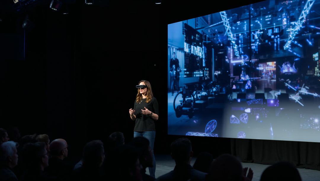 Presenter Wearing Virtual Reality Headset Presenting on Innovation