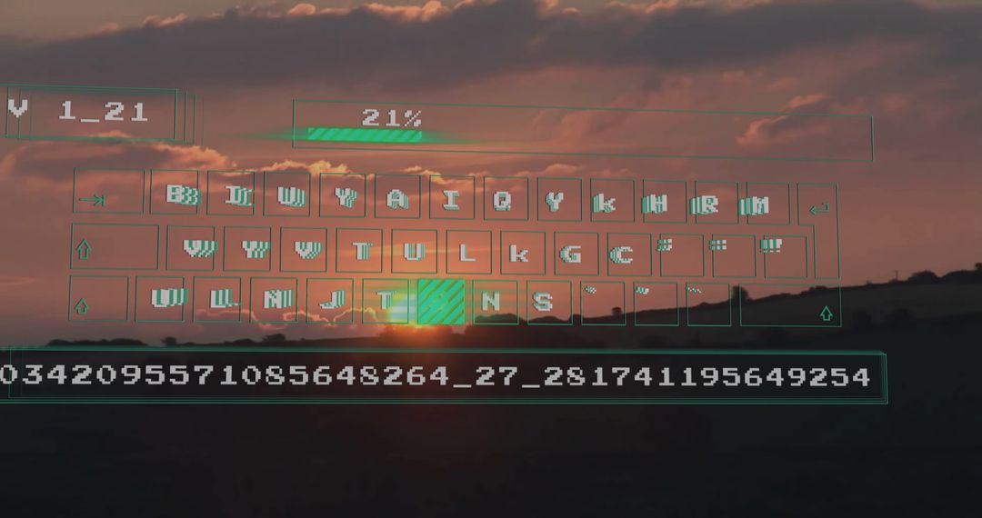 Digital Data Overlay on Sunset Landscape Visualizing Modern Connections