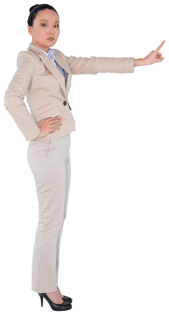 Confident Asian Businesswoman Pointing Limbs Demonstrating Transparency