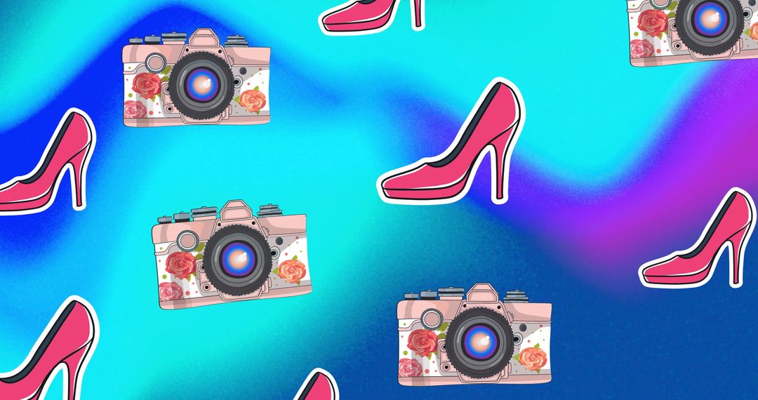 Trendy Cameras and High Heels Pattern on Vibrant Background - Free Images, Stock Photos and Pictures on Pikwizard.com