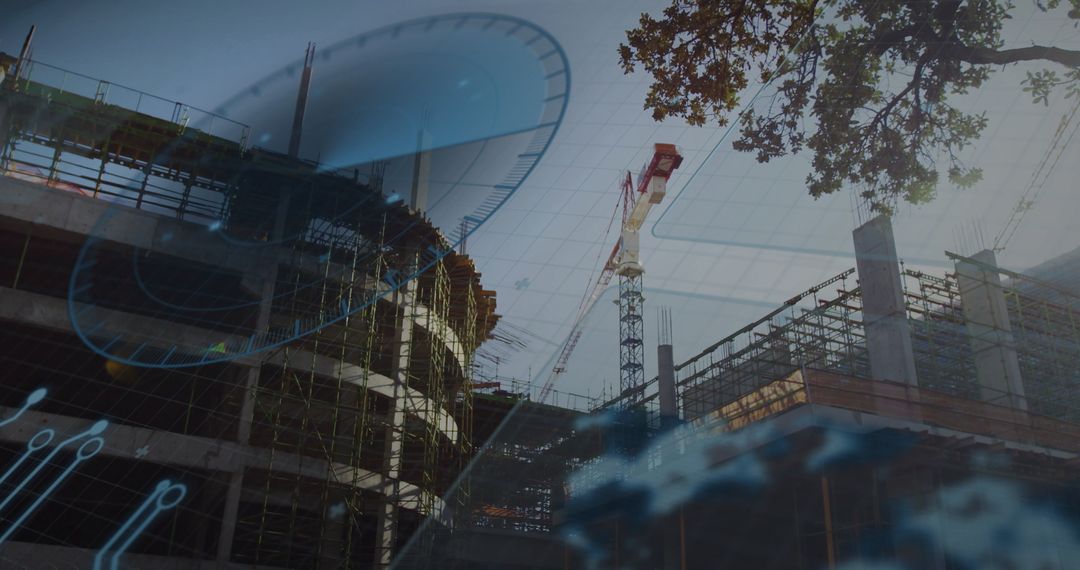 Modern Urban Construction and Engineering with Blueprint Overlay