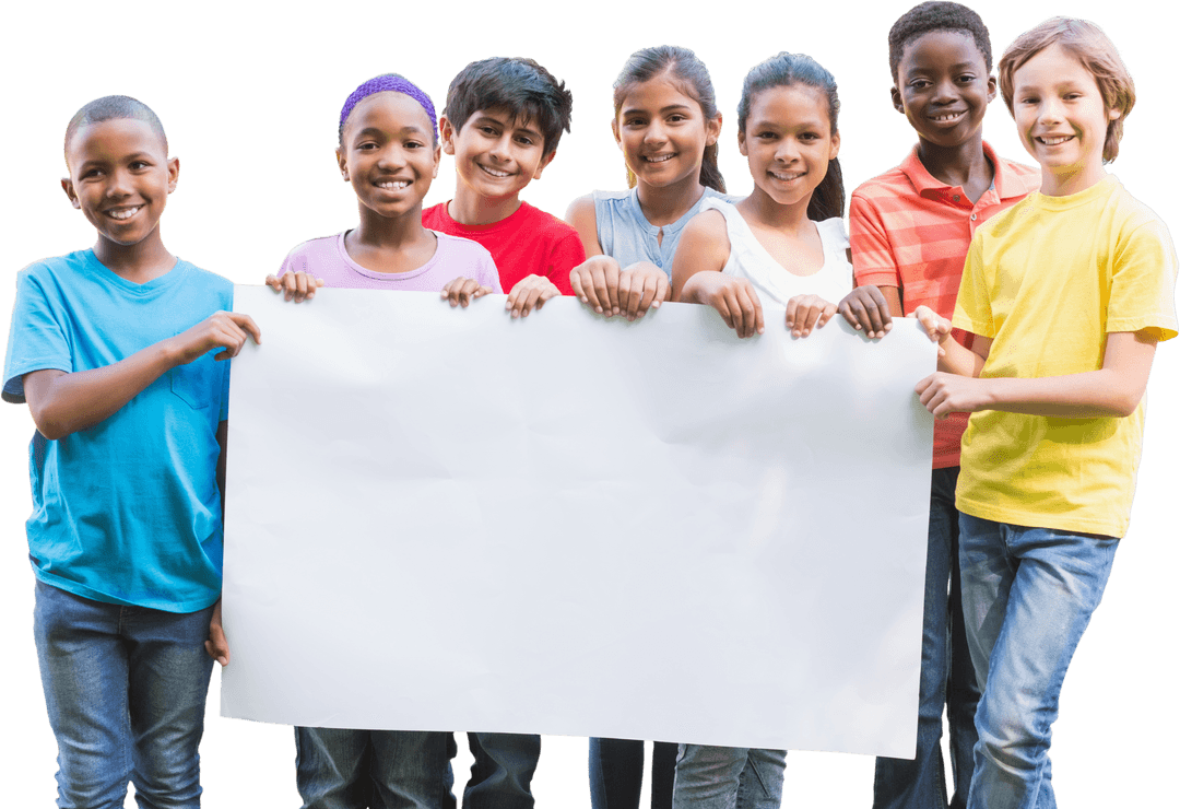 Diverse Kids Holding Blank Sign Transparent Background Happy Park Day