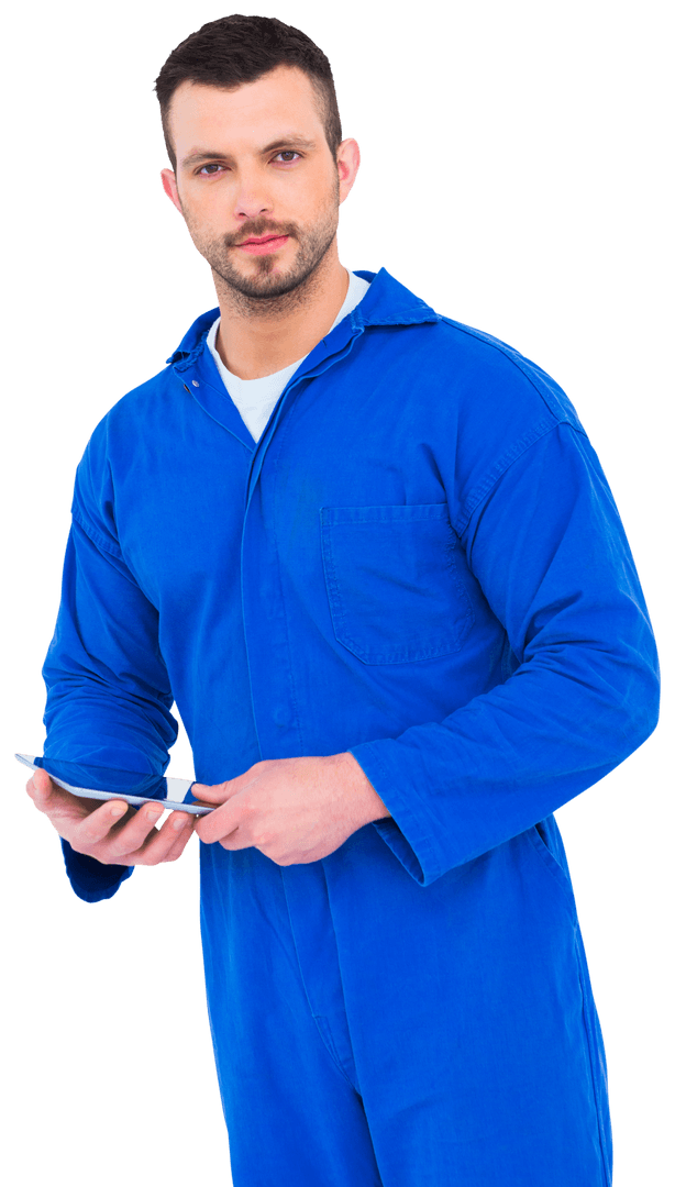 Mechanic in Blue Coverall Using Transparent Digital Tablet