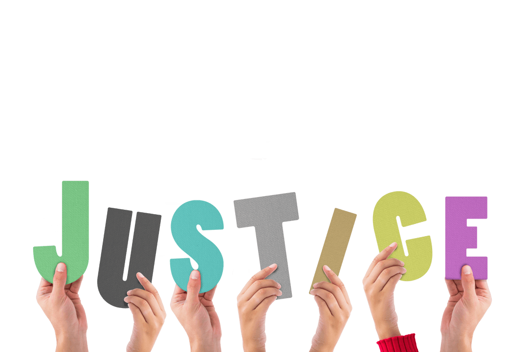 Hands Holding Justice Text on Transparent Background, Advocacy Message