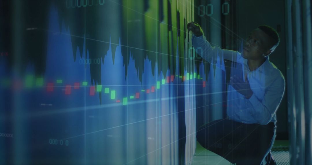 Innovative IT Technician Analyzing Holographic Data Display