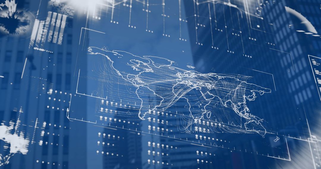 Futuristic Cityscape with Digital World Map Overlay Highlighting Global Connectivity