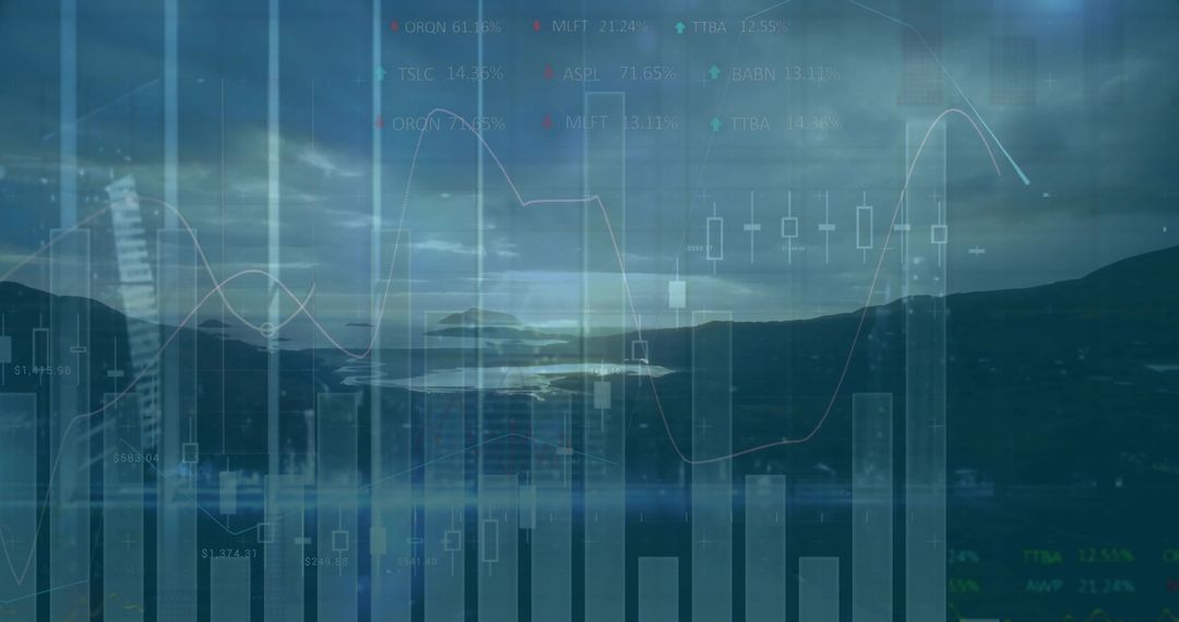 Abstract Financial Trading Data Over Coastline at Dusk