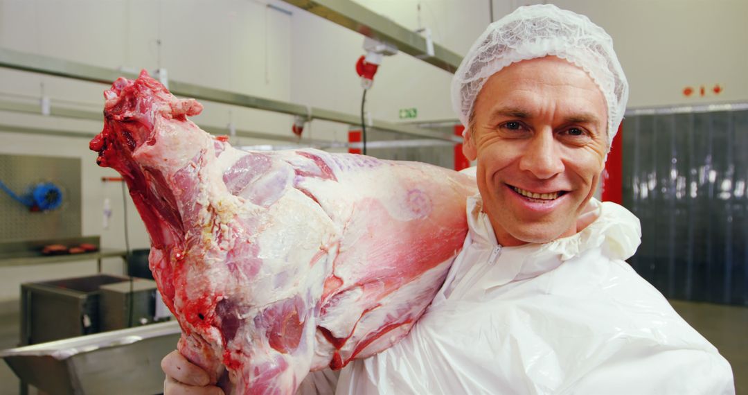 Butcher Carrying Raw Meat Carcass in Processing Facility - Free Images, Stock Photos and Pictures on Pikwizard.com