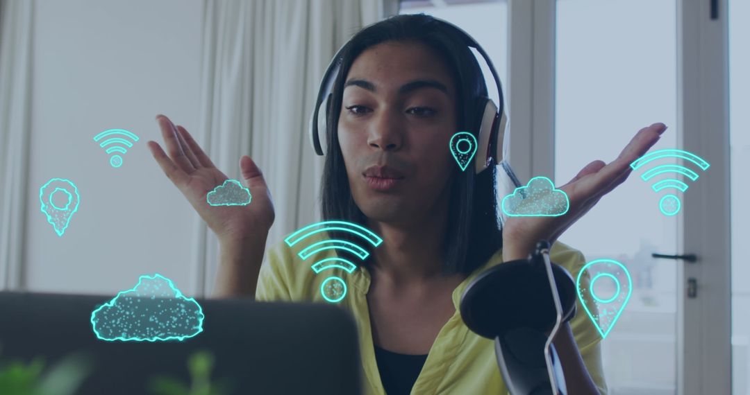 Woman Vlogging with Cloud and WiFi Icons Holographic Display