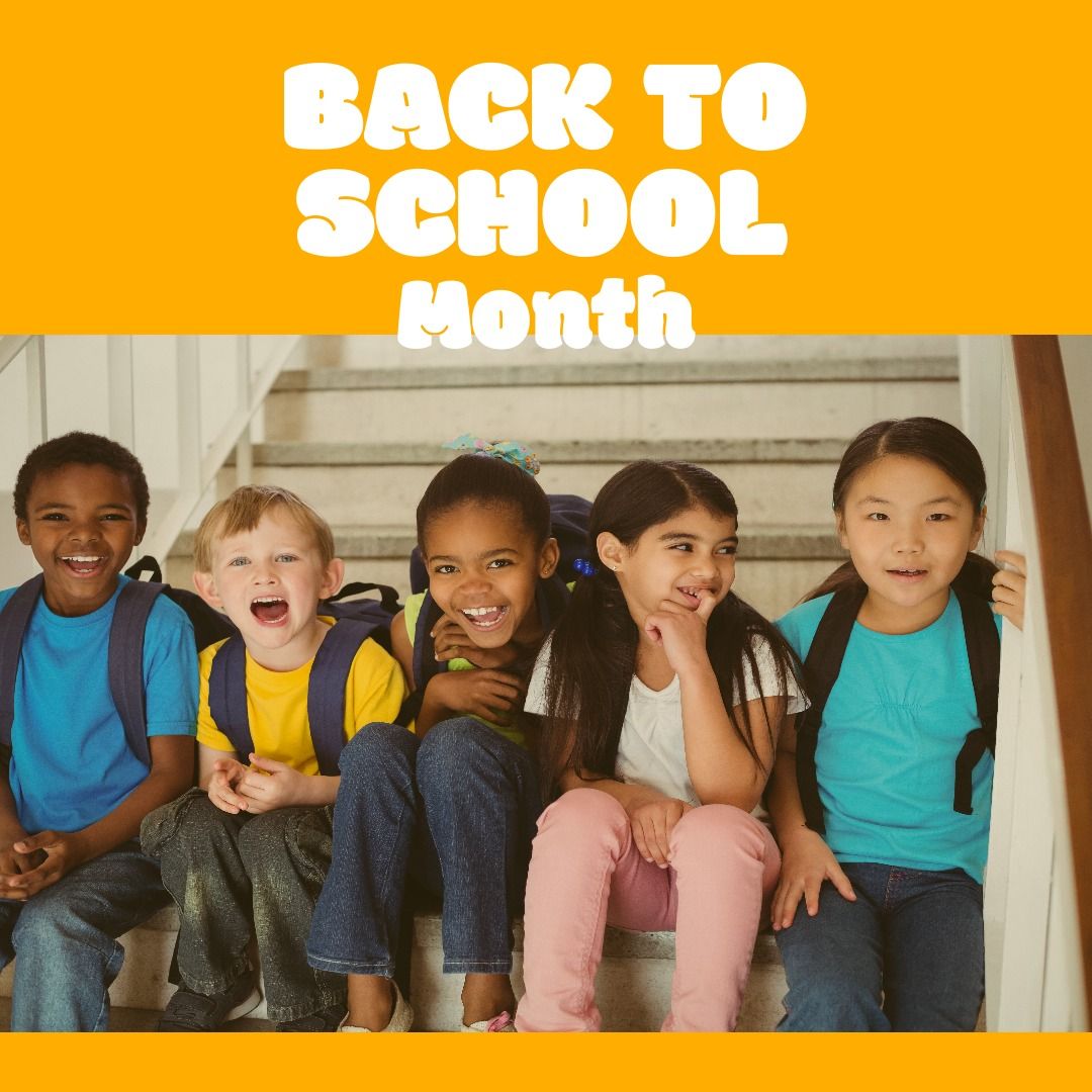 Composite of multiracial children with backpacks sitting on steps and back to school month text - Download Free Stock Templates Pikwizard.com