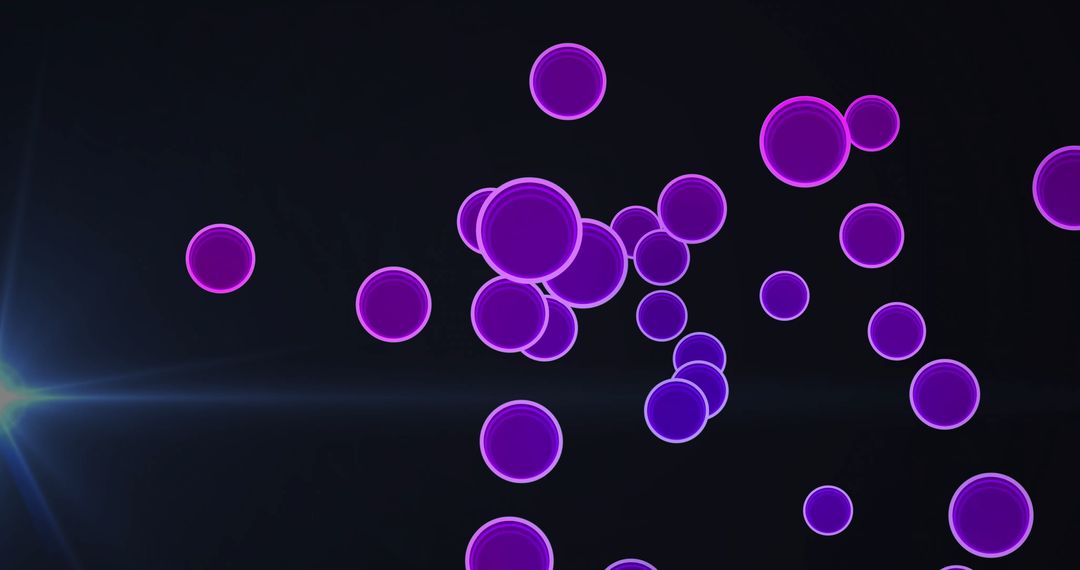 Floating Neon Circles Illuminated Against Black Background with Lens Flare