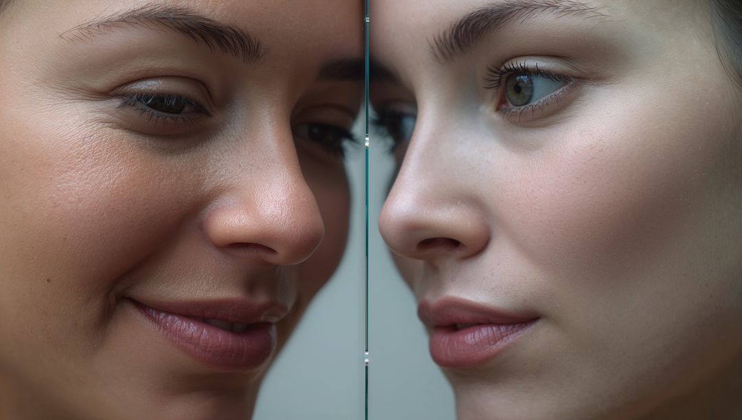 Dual-Portrait Woman Facing Thin Mirror Seam Showing Contrasting Looks and Skin Texture