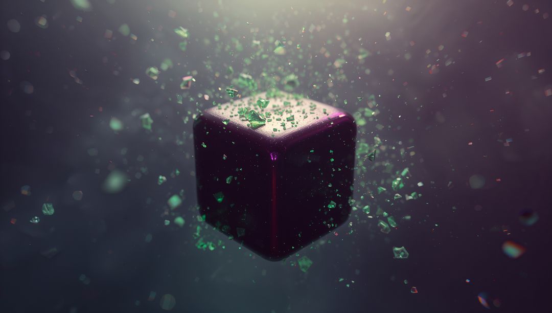 Futuristic Cube with Shattered Green Fragments in Digital Space