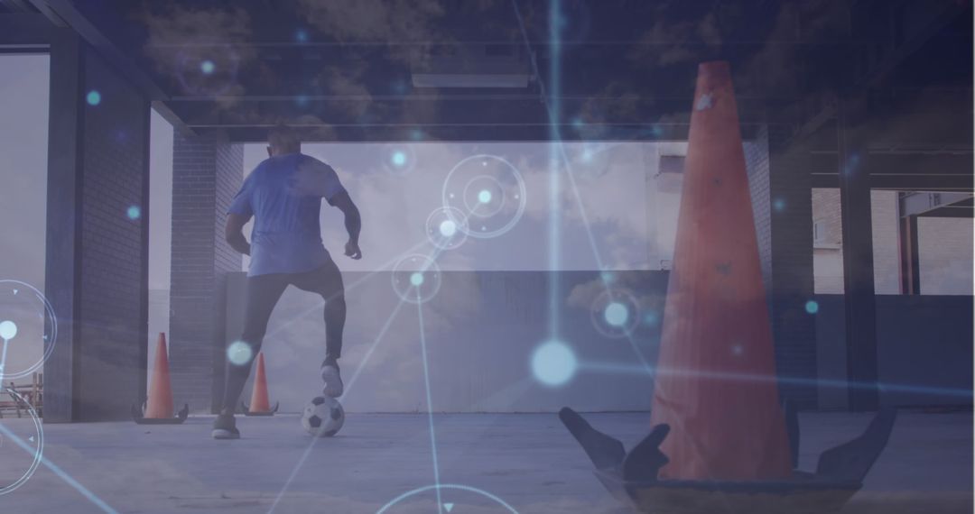 African American Soccer Player Practicing with Digital Network Overlay