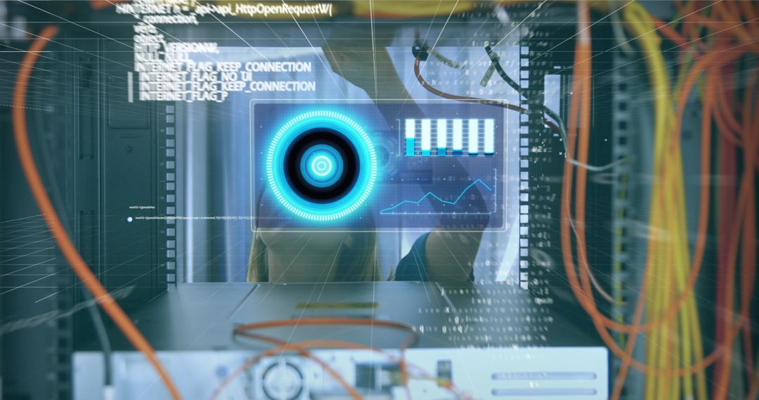 Female Engineer Connecting Cables with Data Overlay in Networking Center