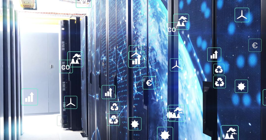 Modern Data Center With Digital Eco Technology Icons and Global Connectivity