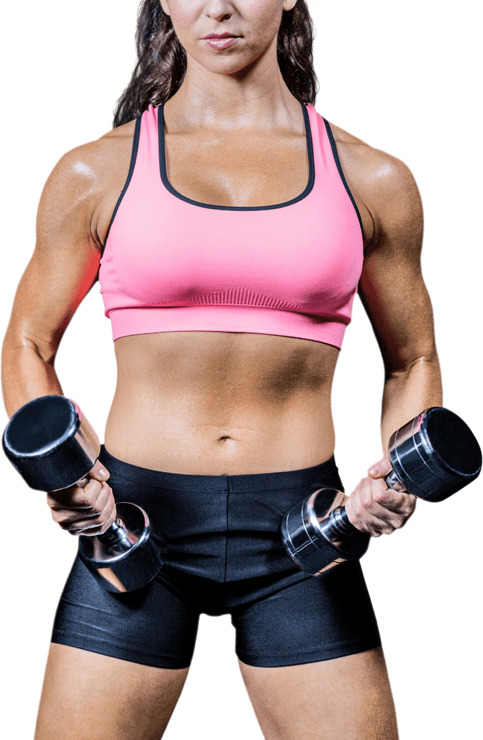 Fit Woman in Gym Attire Holding Dumbbells on Transparent Background