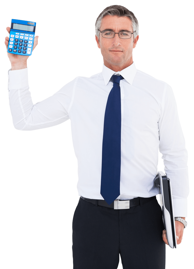 Confident Businessman Holding Calculator Transparent Background