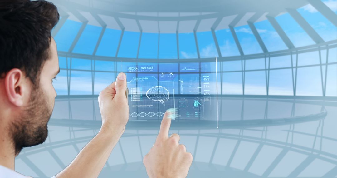 Man Engaging with Futuristic Virtual Interface in Modern Setting