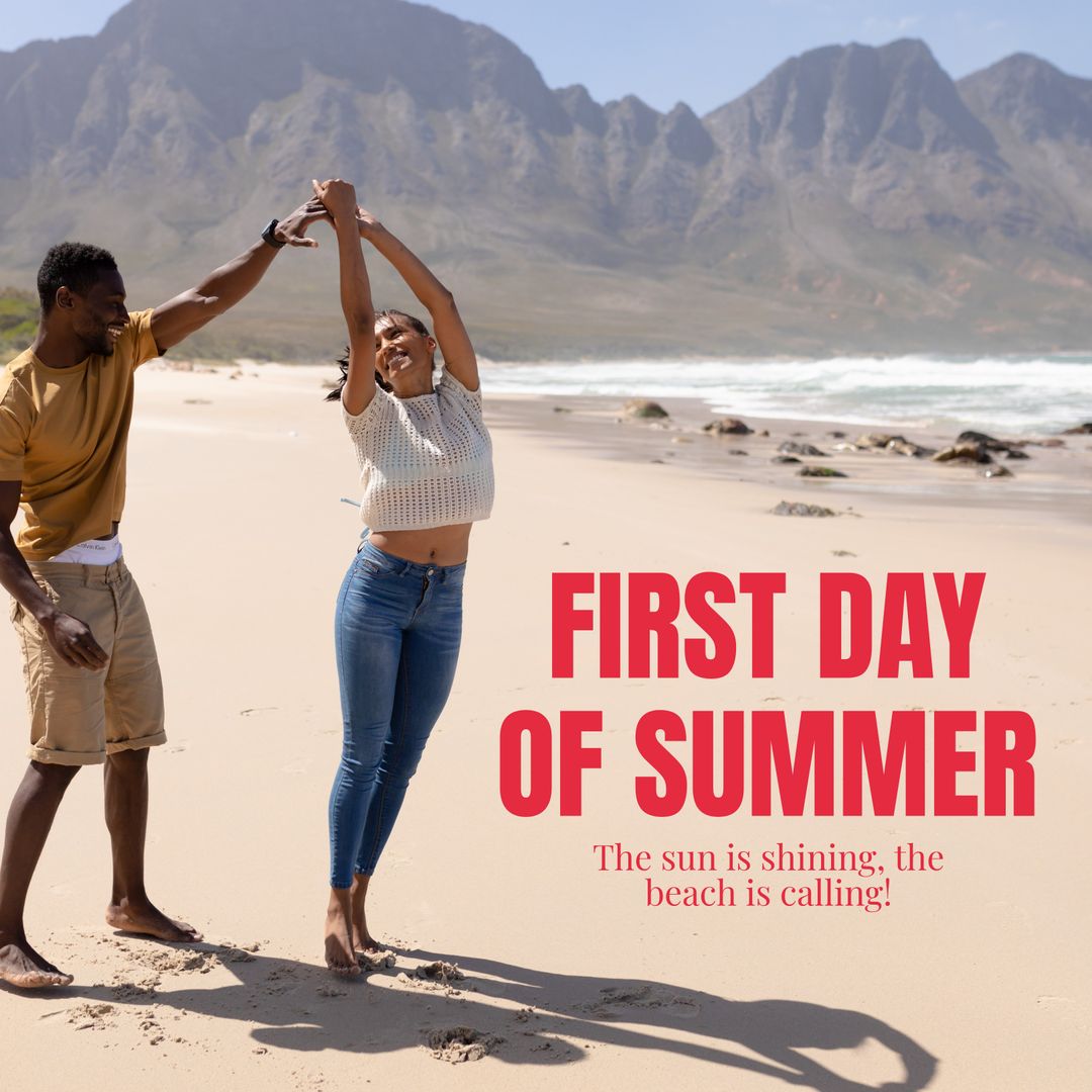 Joyful Diverse Couple Celebrating First Day of Summer on Beach