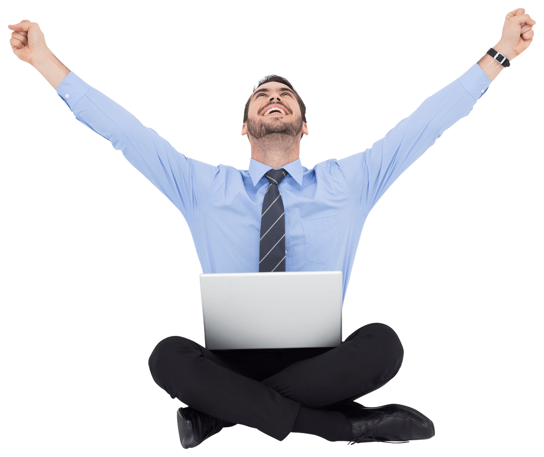 Transparent Businessman Cheering While Sitting with Laptop