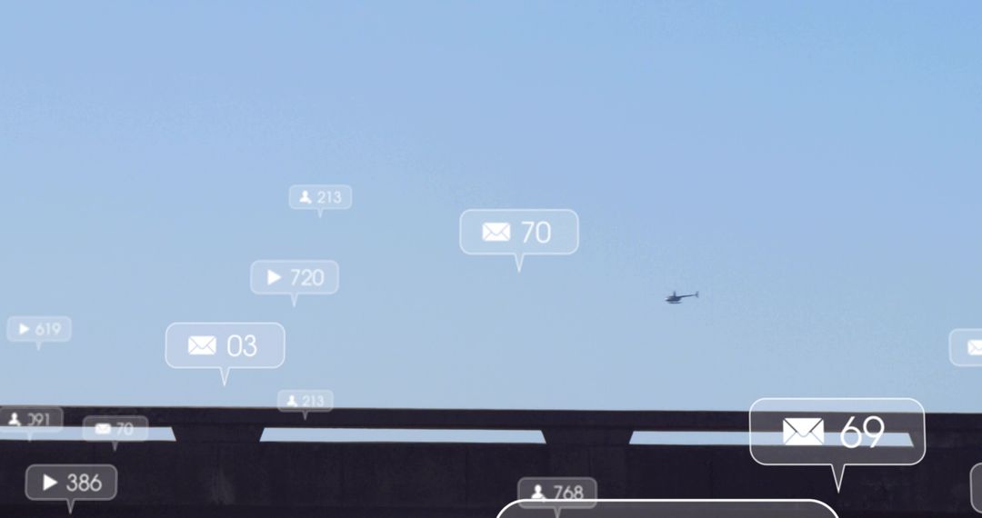 Helicopter Silhouette Hovering Above Urban Overpass with Social Media Alert Bubbles