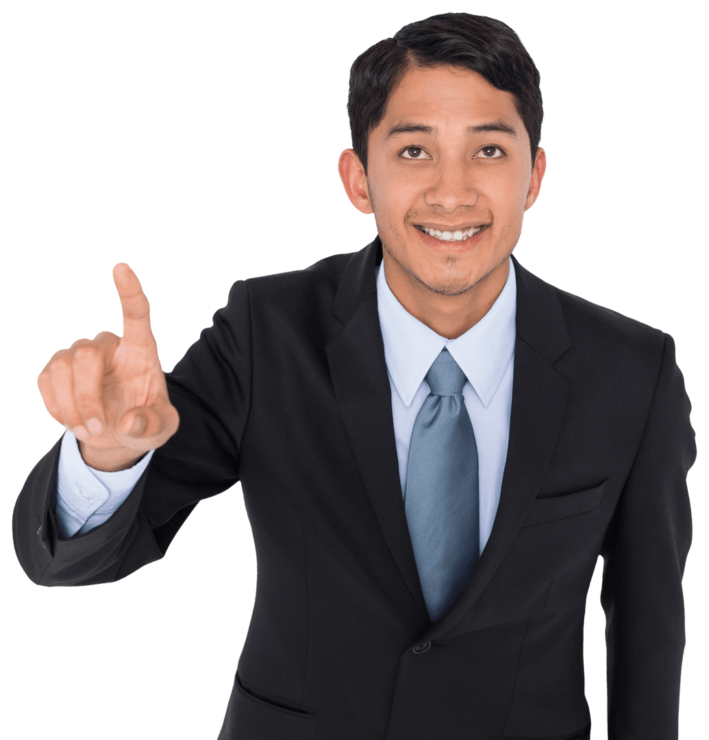 Smiling Asian Businessman Pointing with Transparent Background