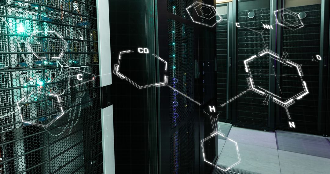 Molecular Structures Superimposed on Illuminated Server Racks