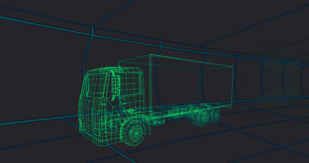 Futuristic Wireframe Truck in Digital Tunnel Environment