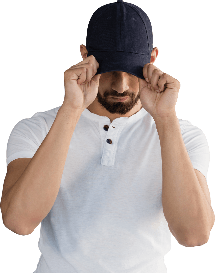 Stylish Man Adjusting Cap in Transparent Outfit