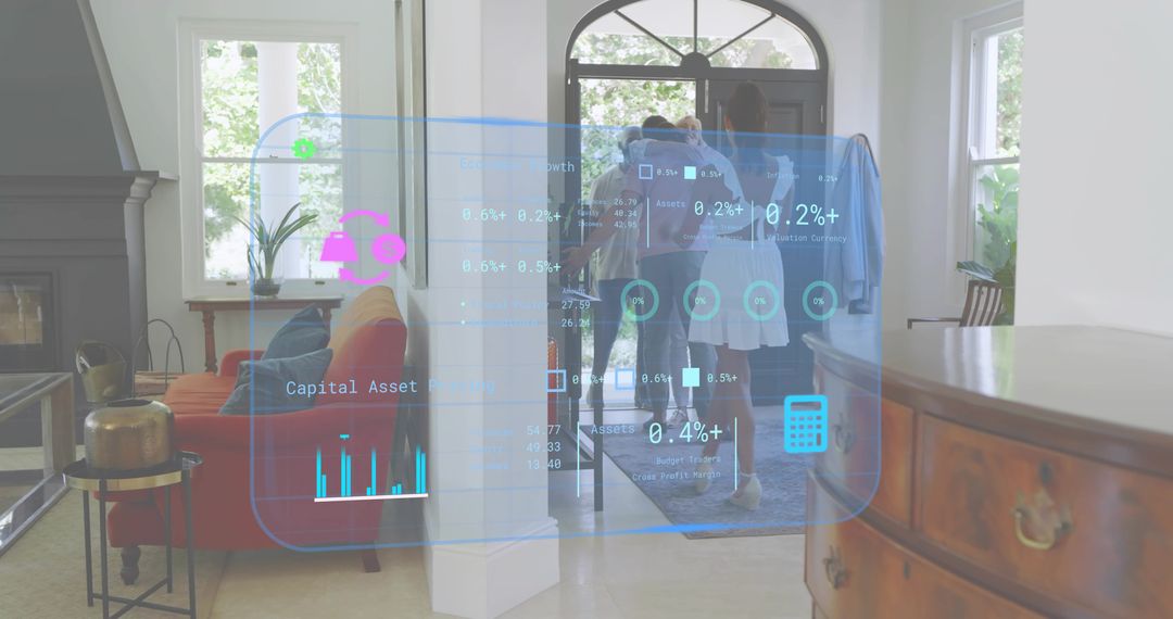 Multigenerational family exploring augmented reality finance dashboard in foyer